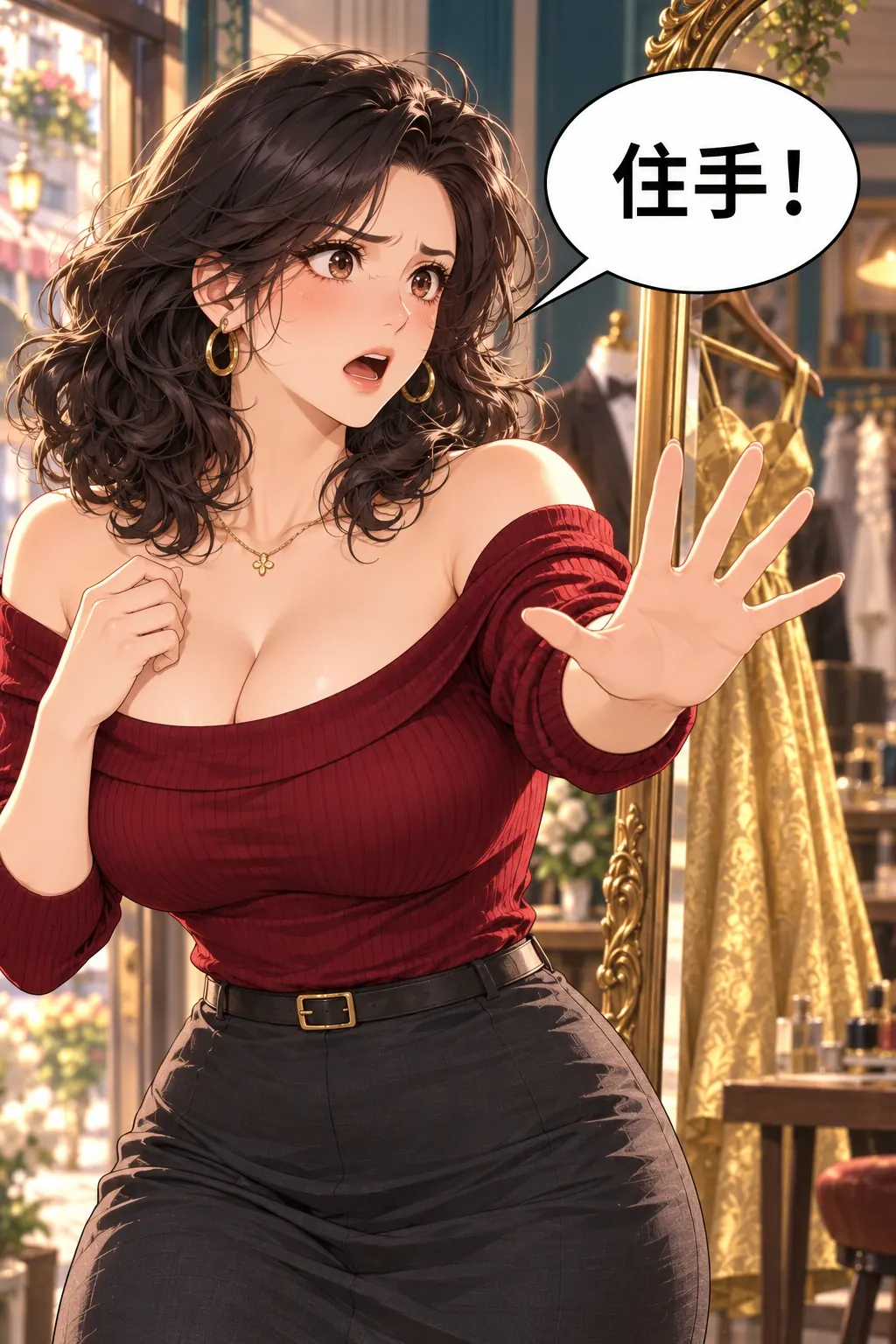 别抢剪刀漫画画面：唐栀黑色卷发掠过肩，眼神骤紧，正盯镜里的刀尖；她向袁茵伸手。