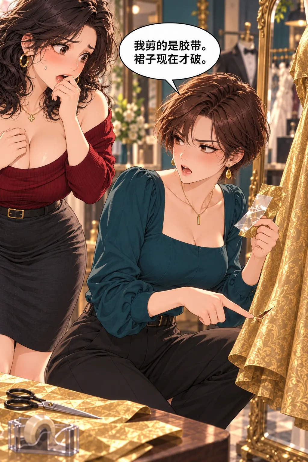 别抢剪刀漫画画面：袁茵蹲下用两指隔开裂口与完整的包装胶带；唐栀从画面侧边看见真相，脸色僵住。