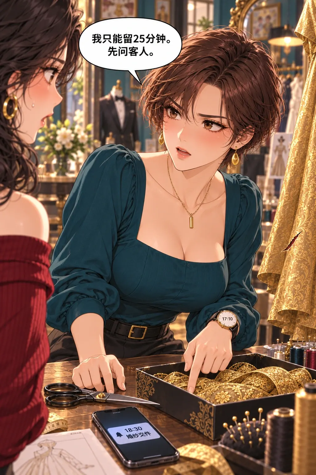 别抢剪刀漫画画面：袁茵放下剪刀，腕表显示17:10，手机提醒“18:30婚纱交件”；她直视唐栀，手指停在饰边盒旁。