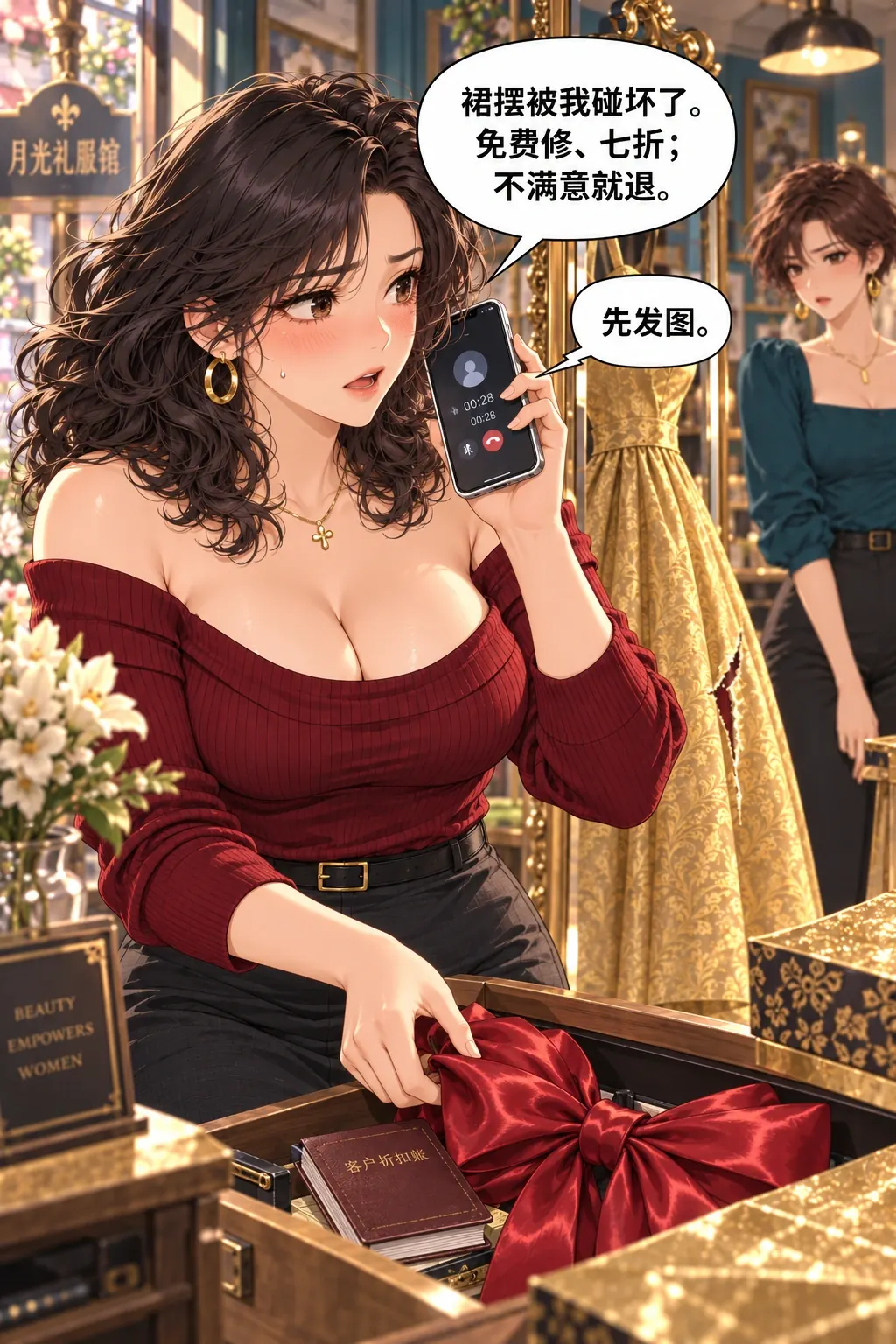 别抢剪刀漫画画面：唐栀把红蝴蝶结放回抽屉，拨通顾客电话，承认自己碰坏裙摆。屏幕扬声器显示顾客通话；她握紧折扣记账本。