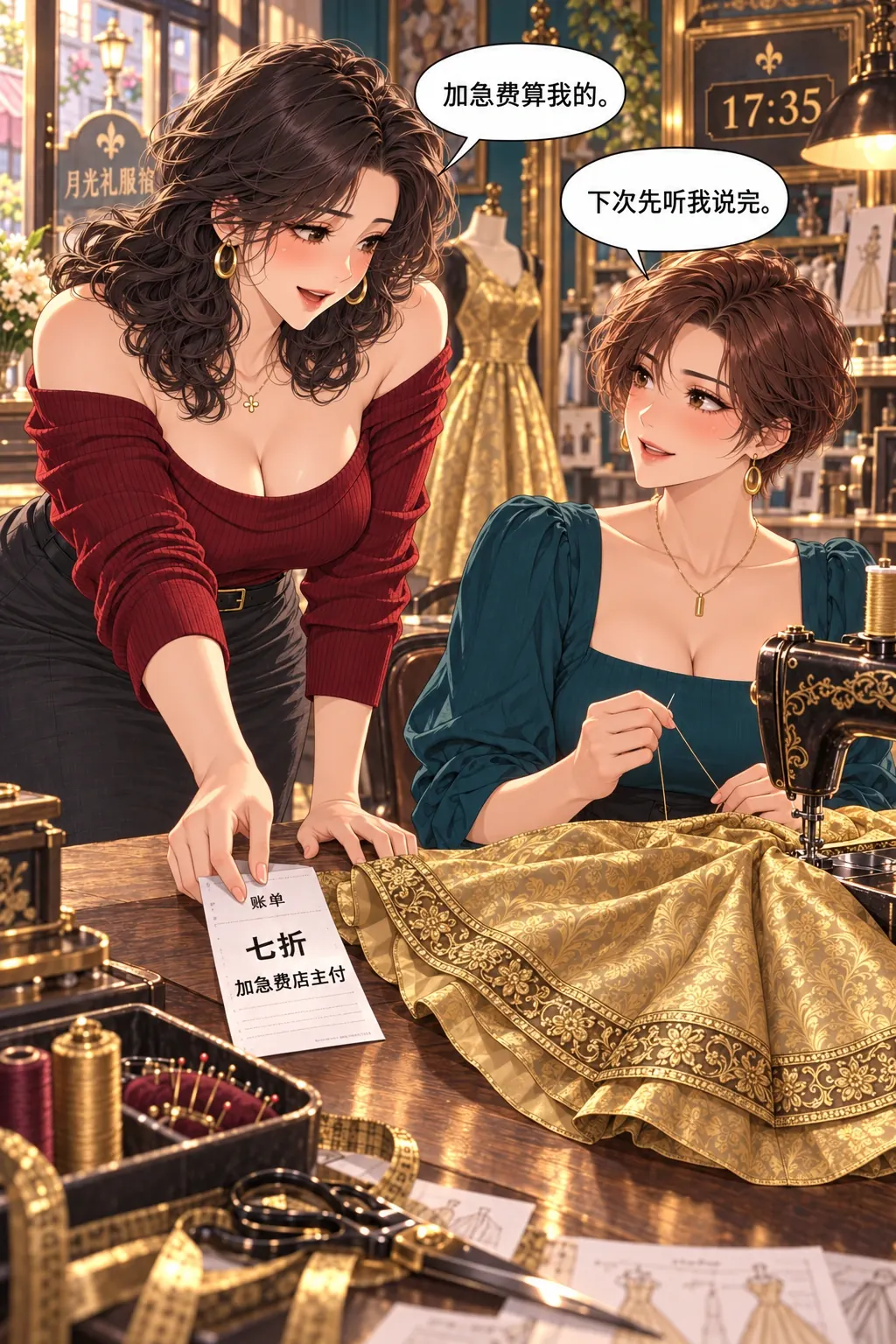 别抢剪刀漫画画面：时间跳至17:35，袁茵完成两侧对称饰边和内衬固定，唐栀验线并把写着“七折／加急费店主付”的小账单推给袁茵；两人目光相接。