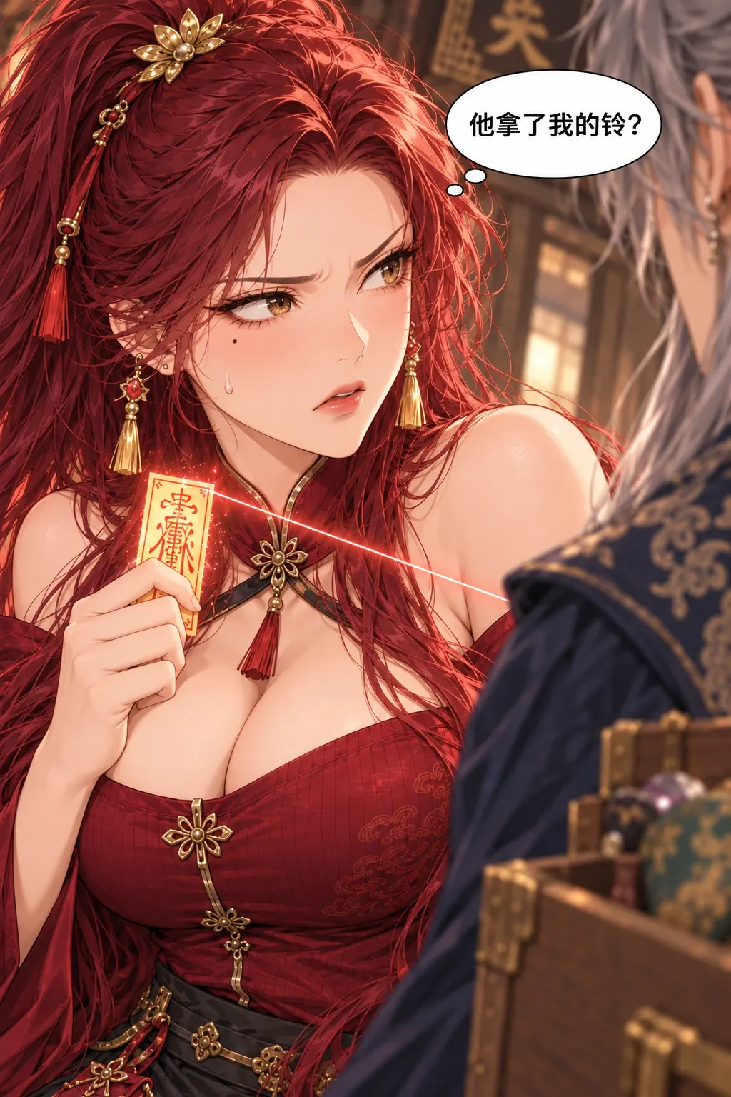 红线追着谁漫画画面：《红线追着谁》第4格：苏檀眼尾小痣和挑眉占脸肩特写，目光警惕盯陆砚，指尖把寻物符收近胸前；陆砚与背箱只在画面边缘。