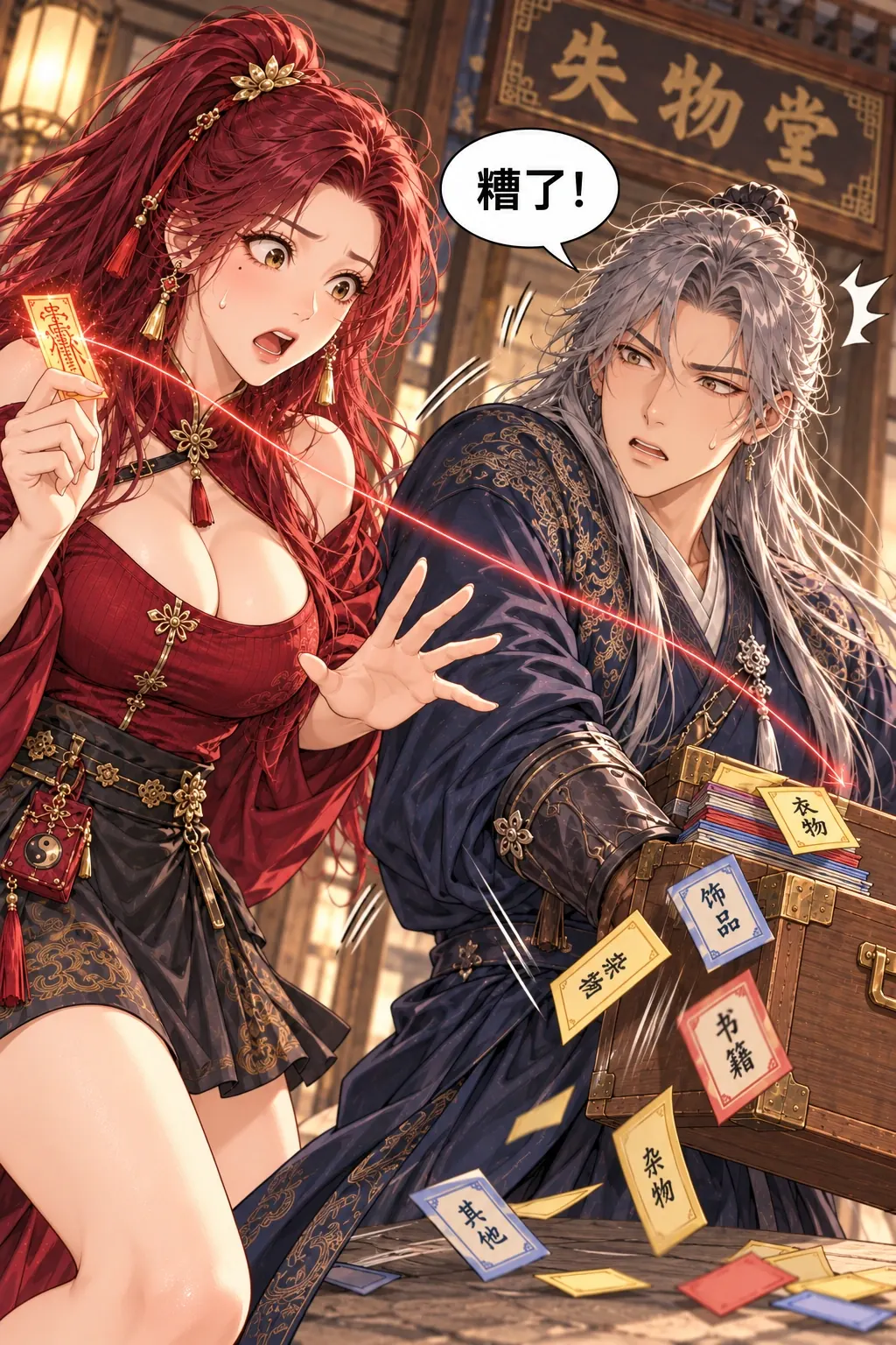 红线追着谁漫画画面：《红线追着谁》第6格：陆砚害羞后退半步，手肘碰翻自己放在浅木失物箱上的三色分类纸签，黄蓝红小纸签散在近处地上；他慌张，苏檀在近景伸手欲接。红线仍是无实体光，不造成绊倒。
