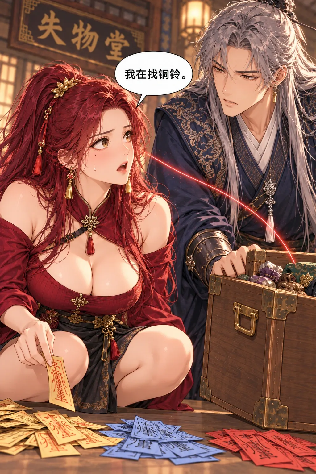 红线追着谁漫画画面：《红线追着谁》第7格：苏檀主动蹲下把散落纸签归成三色小堆，抬脸对陆砚讲明自己只在找铜铃，表情从警惕变为歉意；陆砚托住浅木箱。
