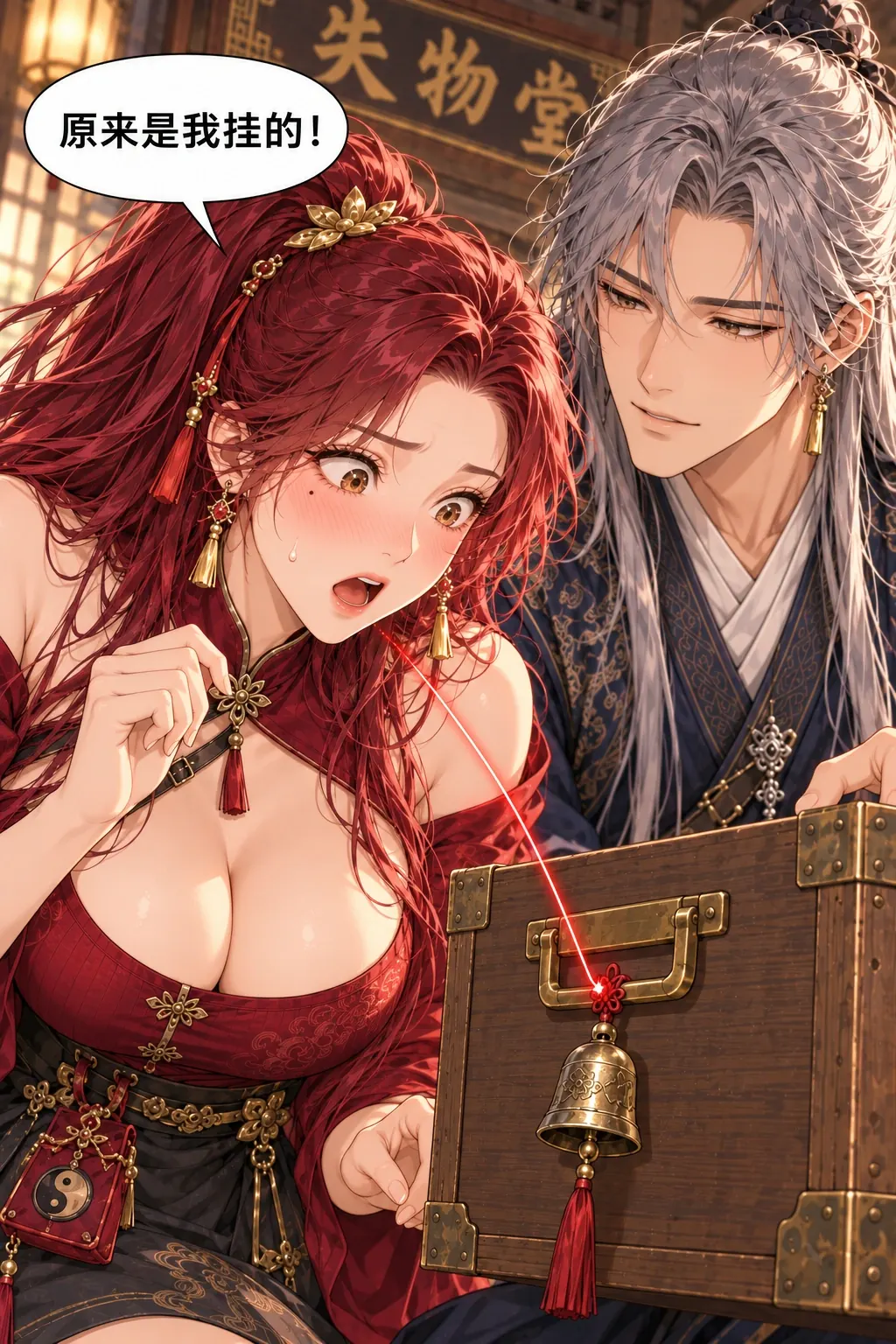 红线追着谁漫画画面：《红线追着谁》第8格：陆砚转过浅木箱，把手上露出苏檀早晨亲手挂上去的旧铜铃，红线准确指向铃而非人；苏檀一眼认出旧铃，露出不好意思的笑，两张脸和铃占满前景。