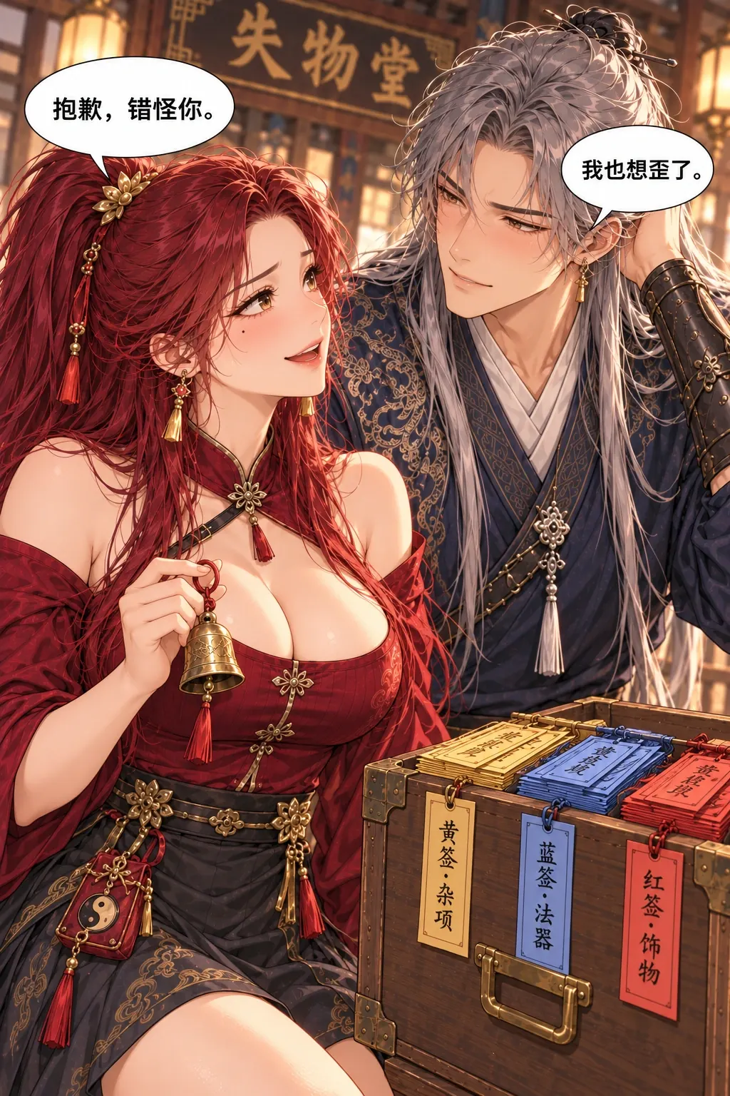 红线追着谁漫画画面：《红线追着谁》第9格：两人已把三色纸签按色贴回浅木箱；苏檀把红线符收回符囊，认真向陆砚道歉，陆砚也承认自己误认了法术，两人脸红相视。