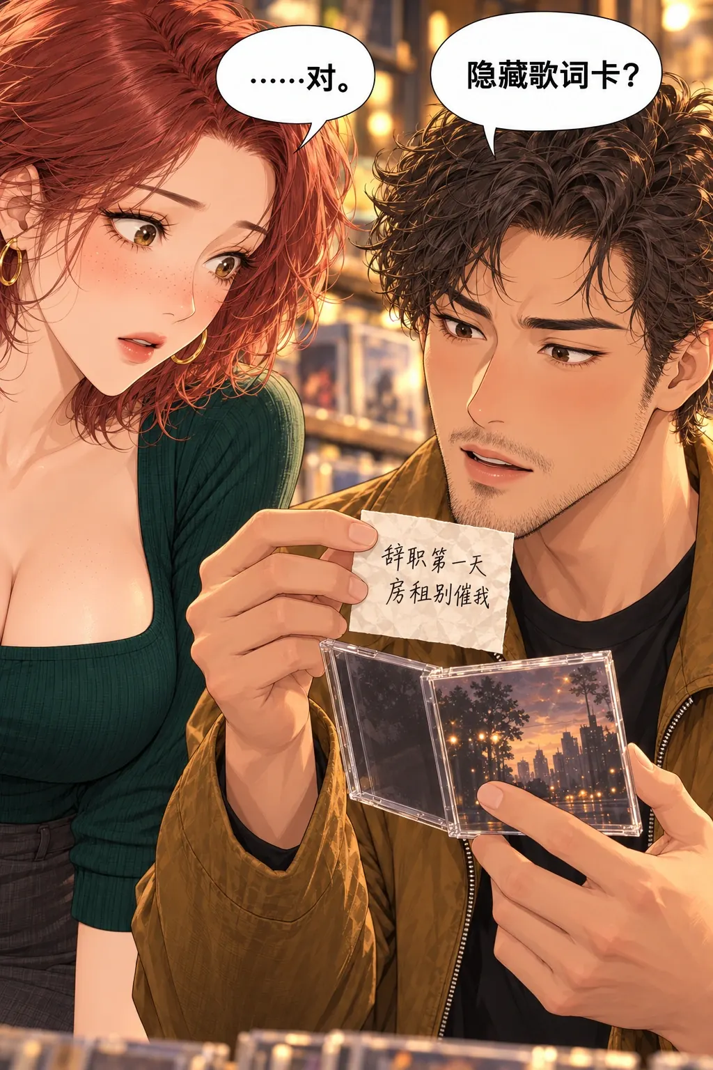 这不是隐藏歌词漫画画面：《这不是隐藏歌词》第2格：他把私人便签误认成稀有歌词卡，她怕承认辞职而撒了小谎
