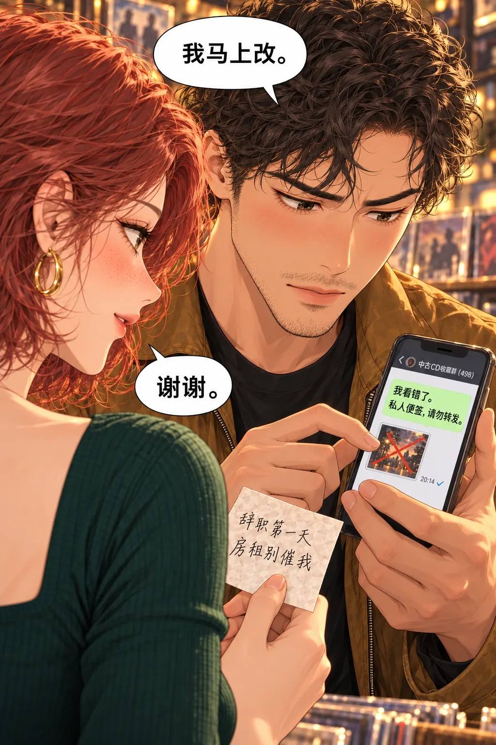 这不是隐藏歌词漫画画面：《这不是隐藏歌词》第6格：他公开承担误发责任，防止传播；她看到他愿意补救