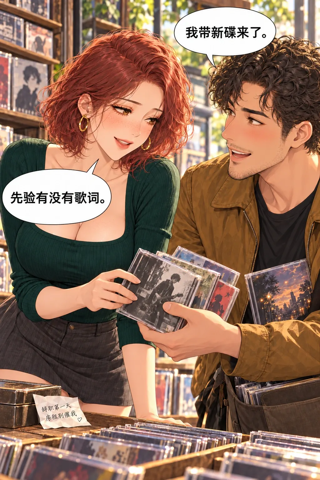 这不是隐藏歌词漫画画面：《这不是隐藏歌词》第8格：他带真实旧碟回来作为下次见面的理由；她以原误会开玩笑，关系自然靠近