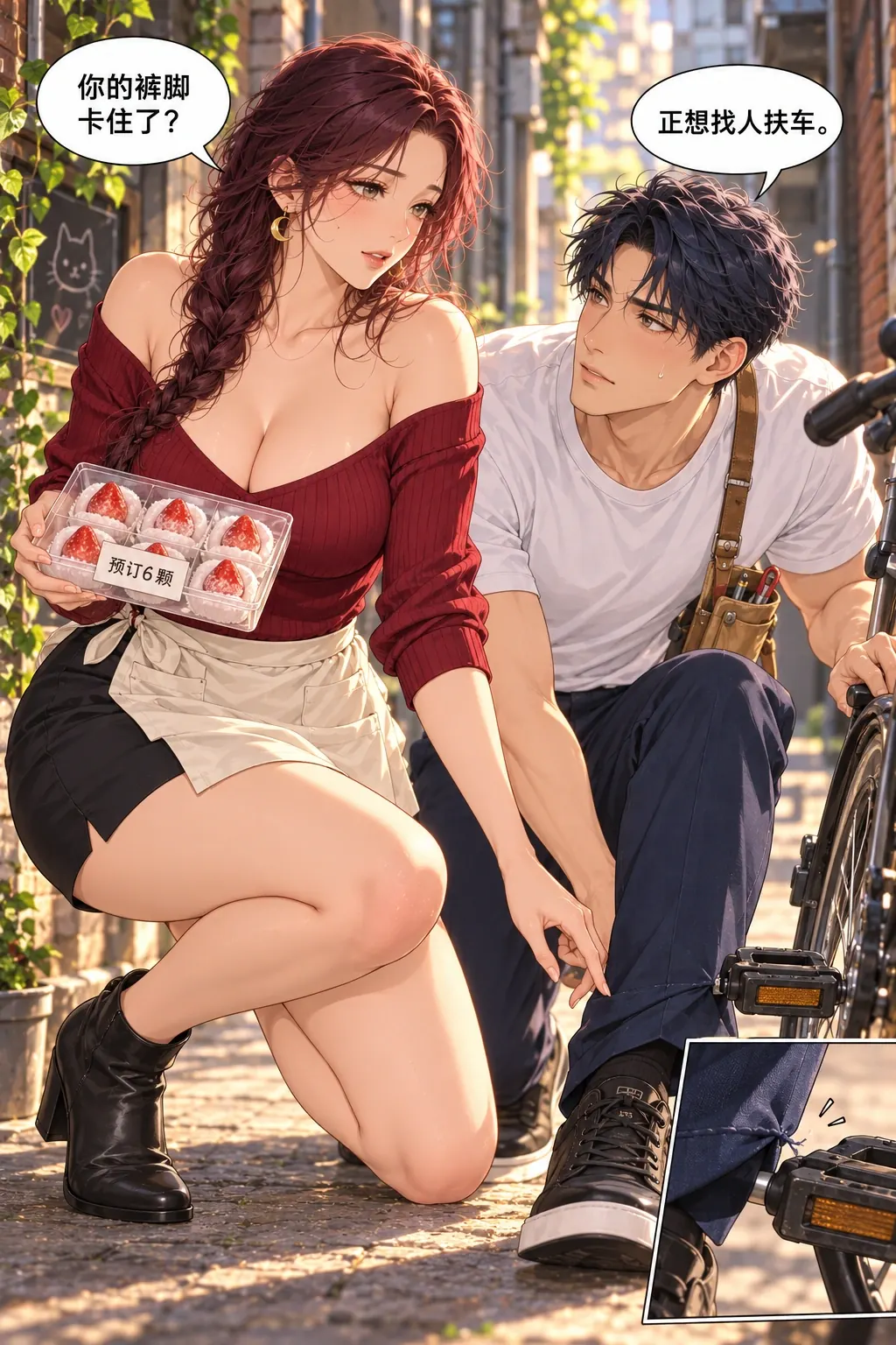 少的那一颗漫画画面：《少的那一颗》第1格：她有预订要送却选择停下帮陌生人，卡线和工具包同格建立