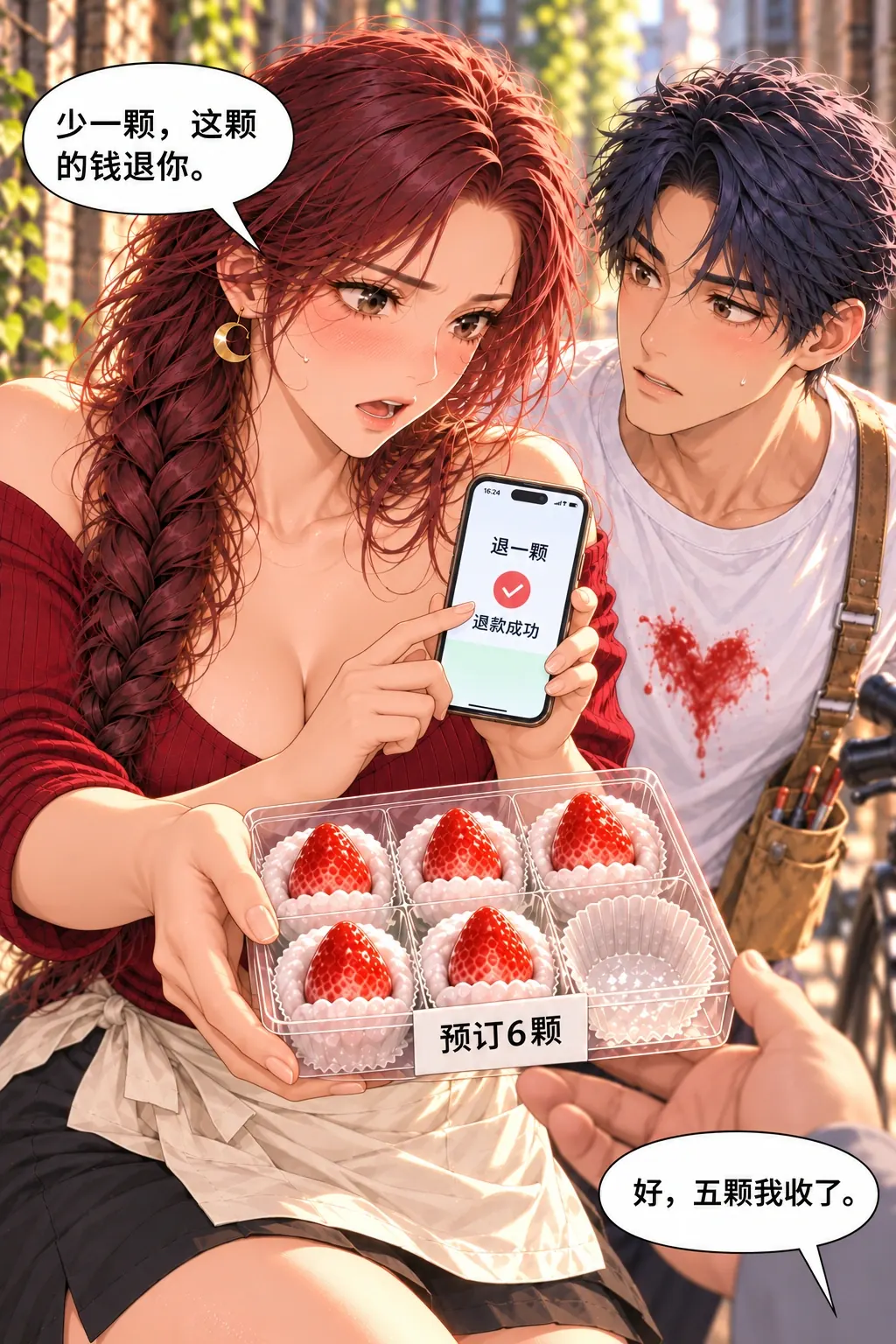 少的那一颗漫画画面：《少的那一颗》第6格：顾客确实拿走五颗，她承担一次部分退款而非靠巧合补货