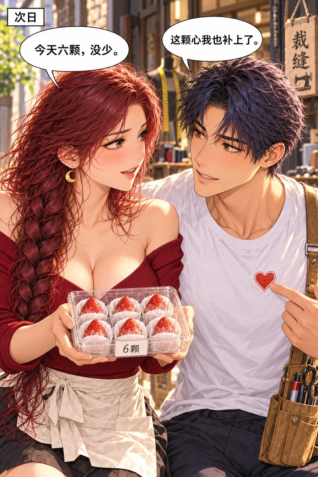 少的那一颗漫画画面：《少的那一颗》第8格：她主动再来且准备完整礼物，他把意外污渍改成可保留的作品，关系从路人走向再次相见