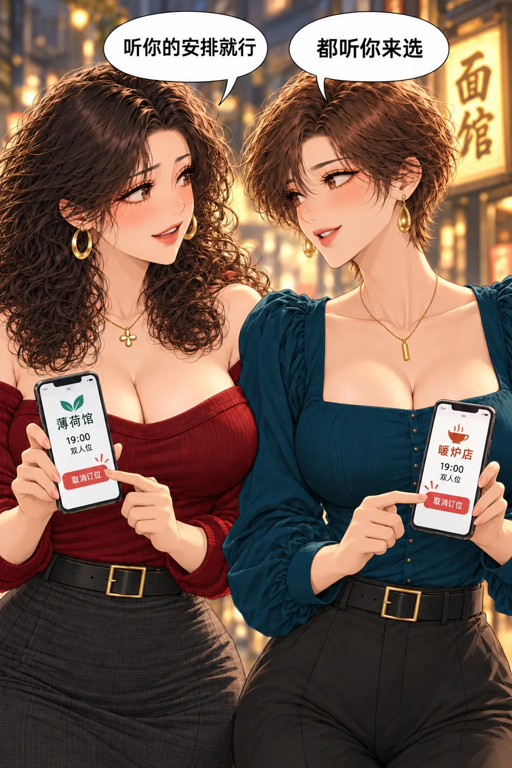 这桌别取消漫画画面：《这桌别取消》第2格：俩人都怕自己的既定安排绑住对方，急着让出选择权，几乎同步按下取消键，一人完成一次取消动作