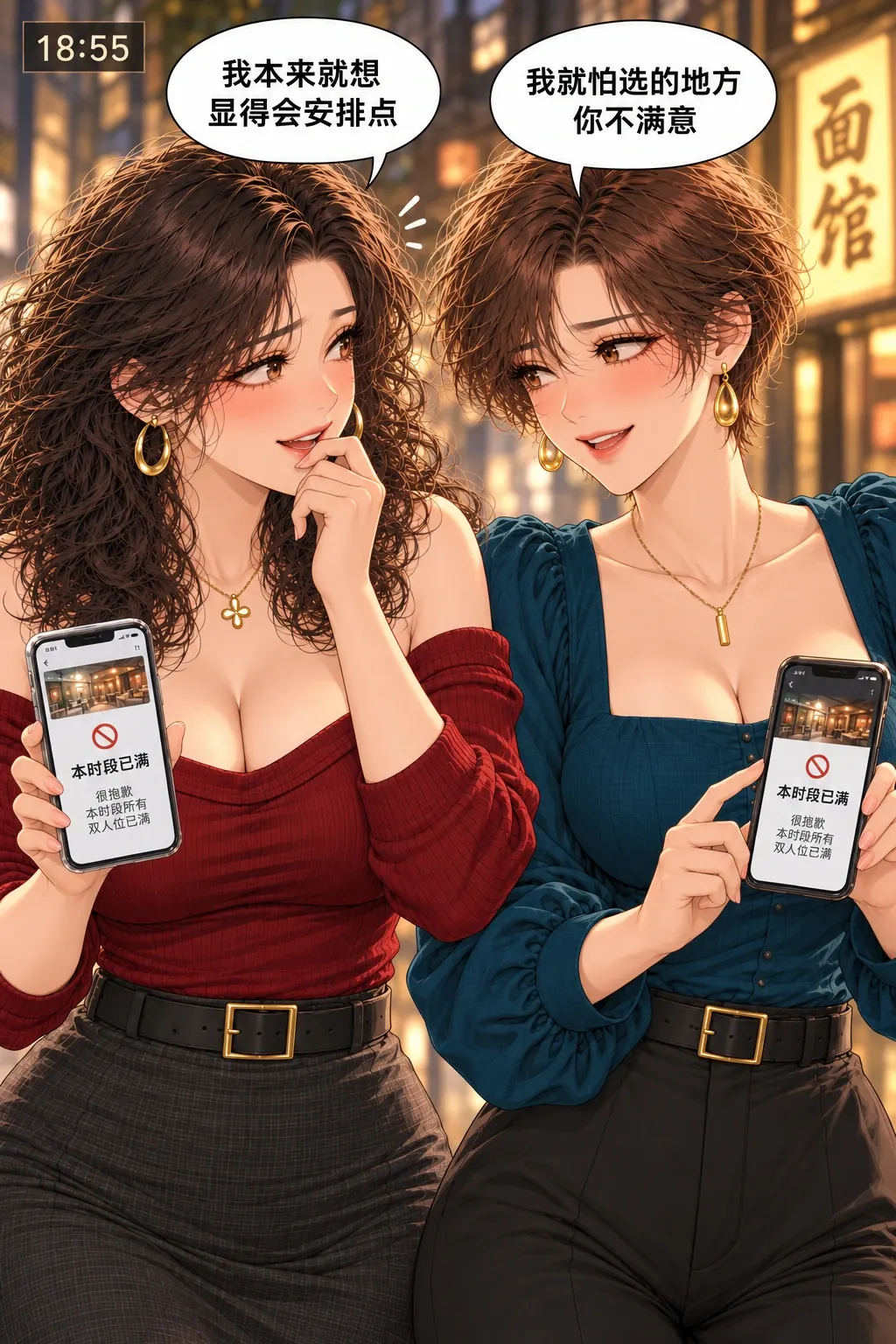 这桌别取消漫画画面：《这桌别取消》第4格：主动尝试补救恢复订位全部失败，俩人藏了半天想展现自己贴心的小目的全露馅