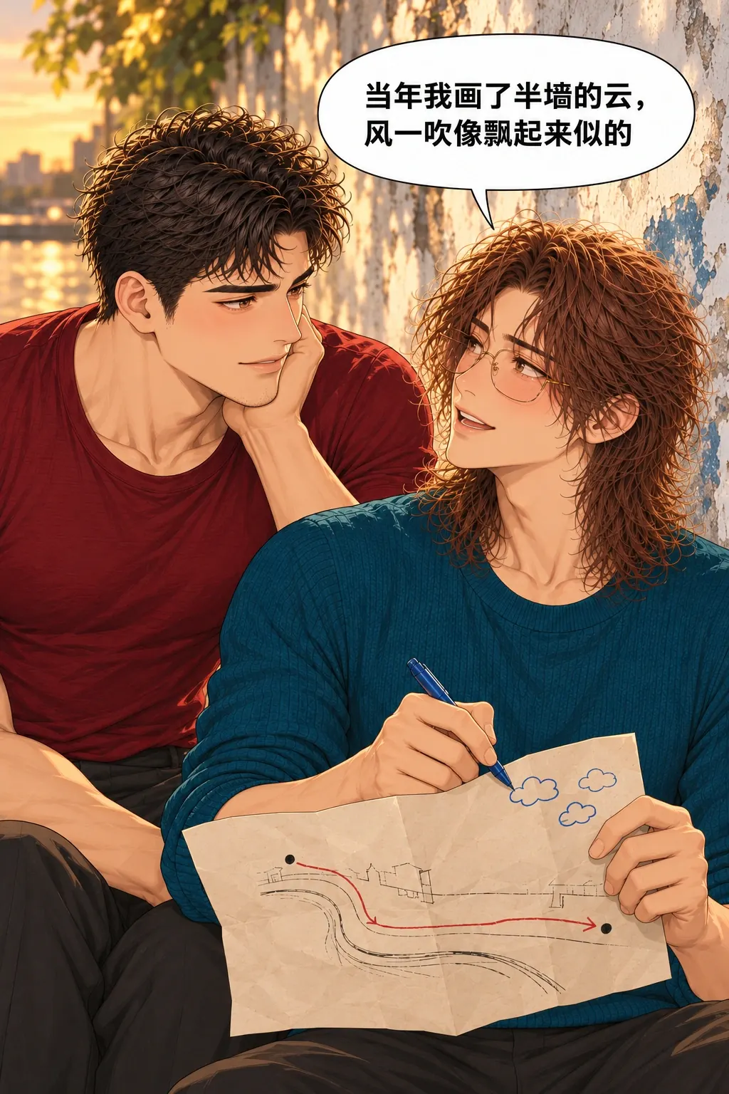 给我占个位置漫画画面：《给我占个位置》第10格：旧图上留下属于贺临当年记忆的蓝色痕迹