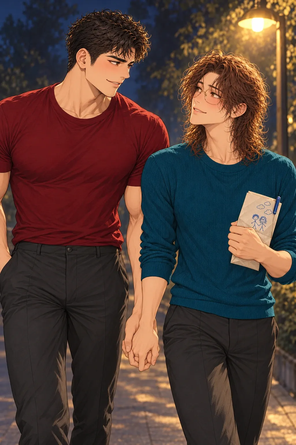 给我占个位置漫画画面：《给我占个位置》第16格：贺临领路、乔宴跟随且牵手继续，图上两小人成为当下两人的回扣。