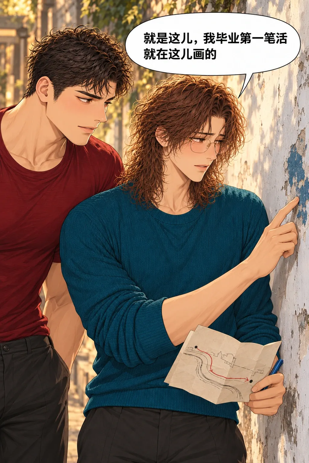 给我占个位置漫画画面：《给我占个位置》第5格：贺临发现昔日墙绘被刷白，只剩墙角一点旧蓝漆。