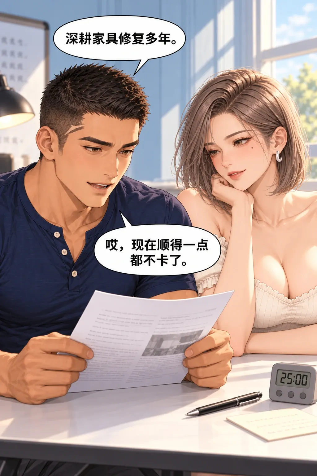 等你说完漫画画面：《等你说完》第3格：读稿确实暂时变顺，给两人继续用旧办法的理由。