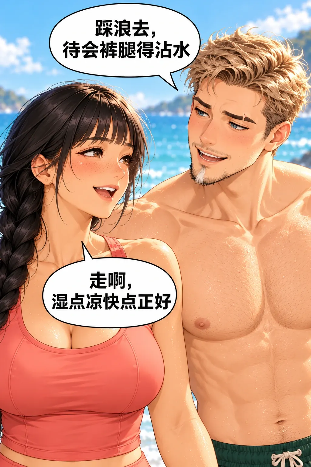 城主下班了漫画画面：《城主下班了》第15格：把互动先问清，两人自愿同意共同踩水，给下一格实际动作铺垫。