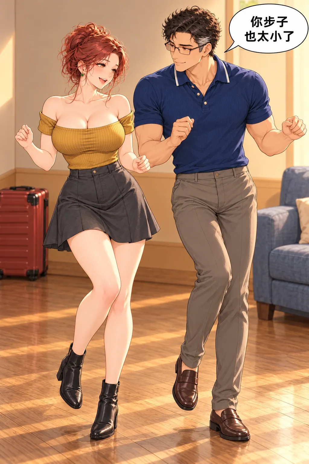 这把我卖漫画画面：16，他们真的用新空地跳起来，小步大小成为开头省地方卖点的幽默回扣。