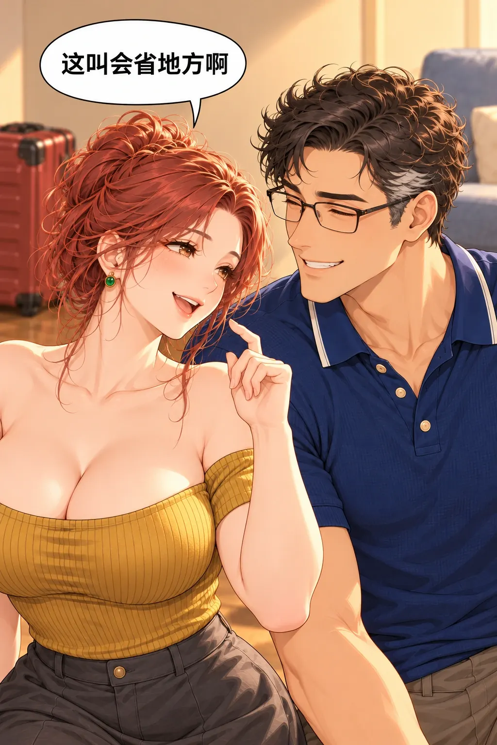 这把我卖漫画画面：17，她把卖椅的省地方话反用到自己小步上，两人共享笑，物品取舍真实保留。