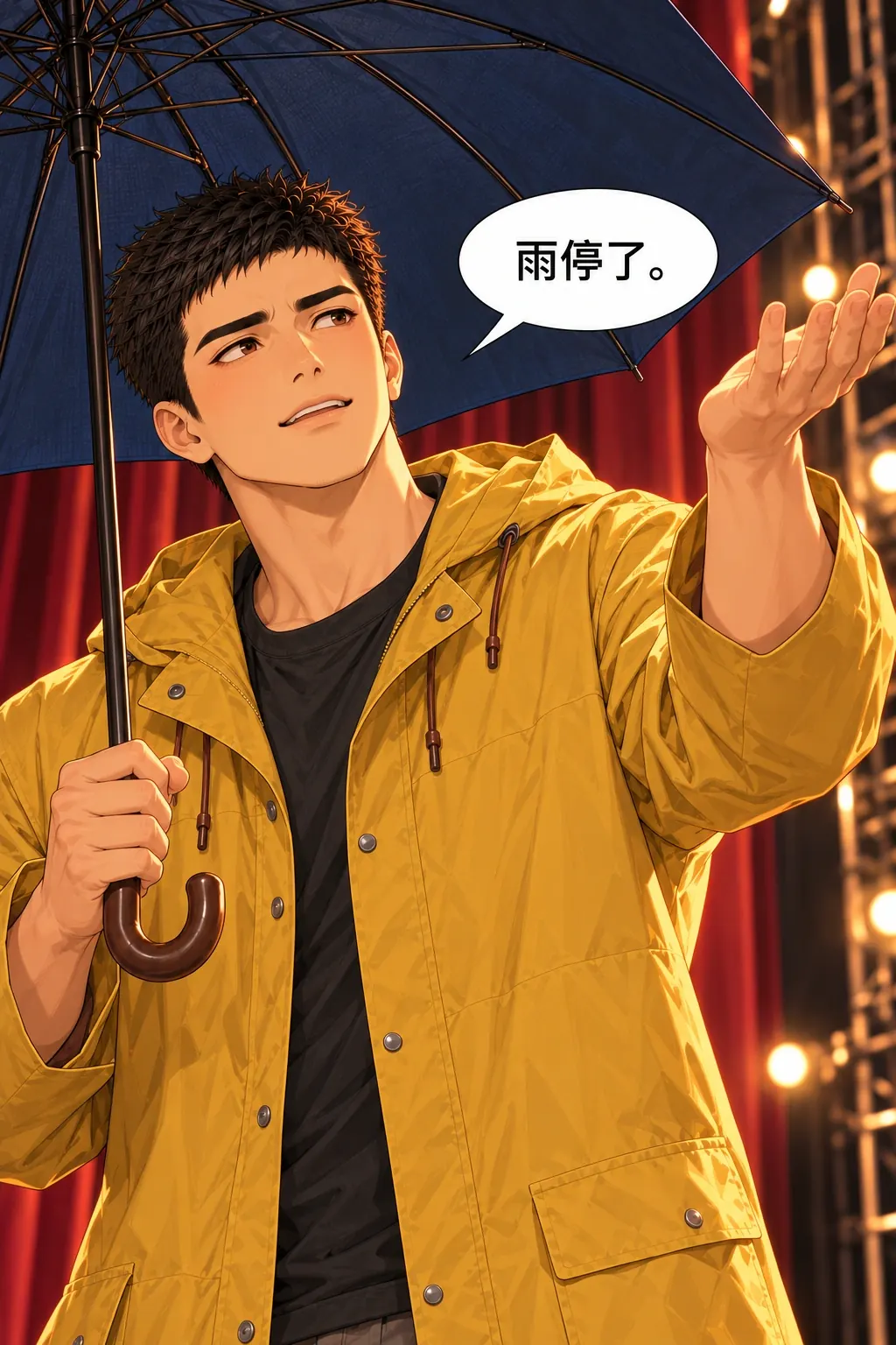 这雨停不了漫画画面：演员终于完整说出收尾台词，接近本来结束动作。