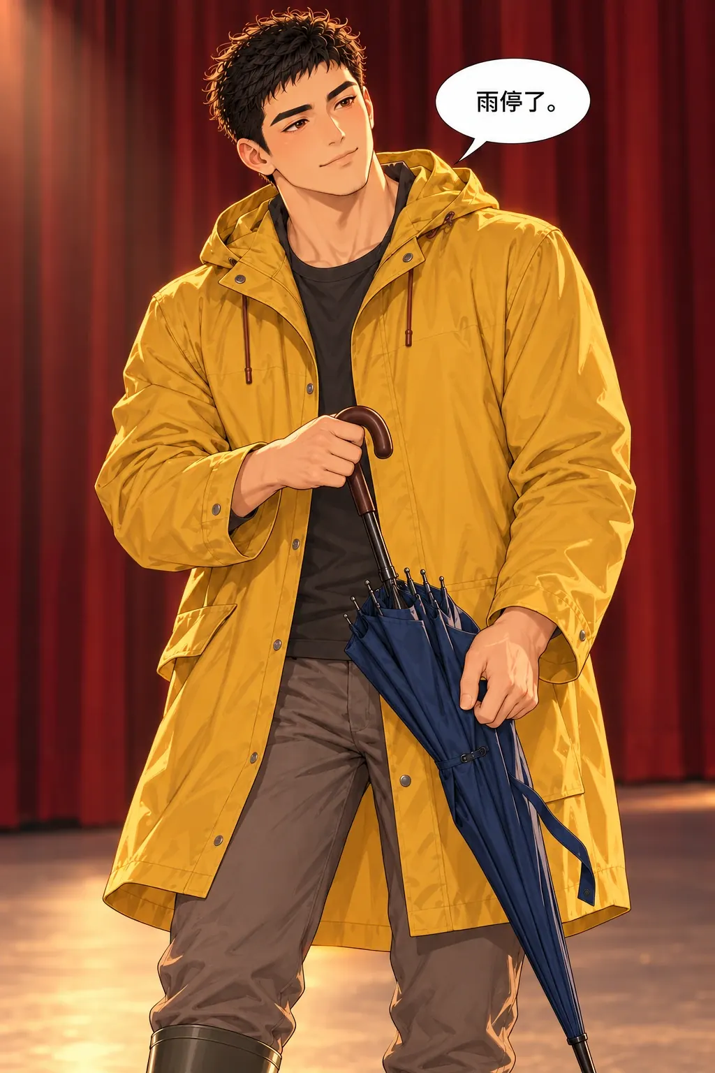 这雨停不了漫画画面：演员按自己的表演节奏准备收尾，半收的伞给后续重开可见依据。