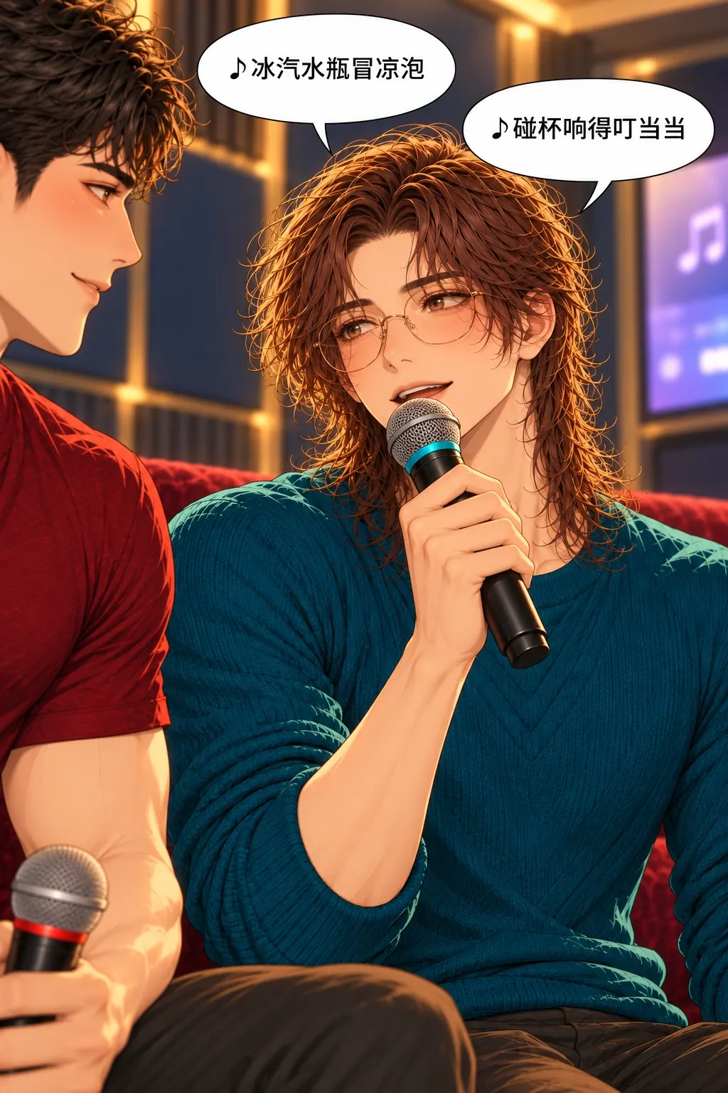 各唱各的漫画画面：贺唱到自己的两句，乔第一次真正等而不跟唱。