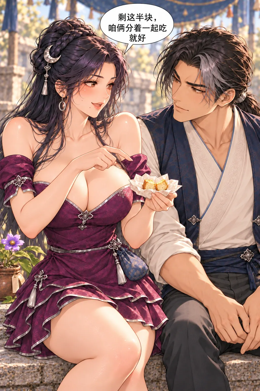 半块糕，两根枝漫画画面：穆把本可独吃的剩半块实际分出一份，改成共享，代价仍是两整块只余半块。
