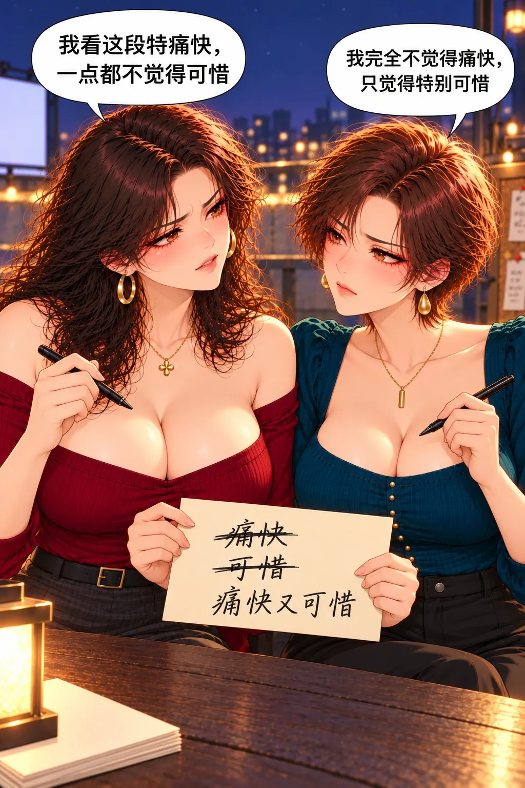 这句算谁的漫画画面：折中暂时成功凑成一句，却让两人都不愿署名；新的问题不再是少一个词而是联名在替对方作主。