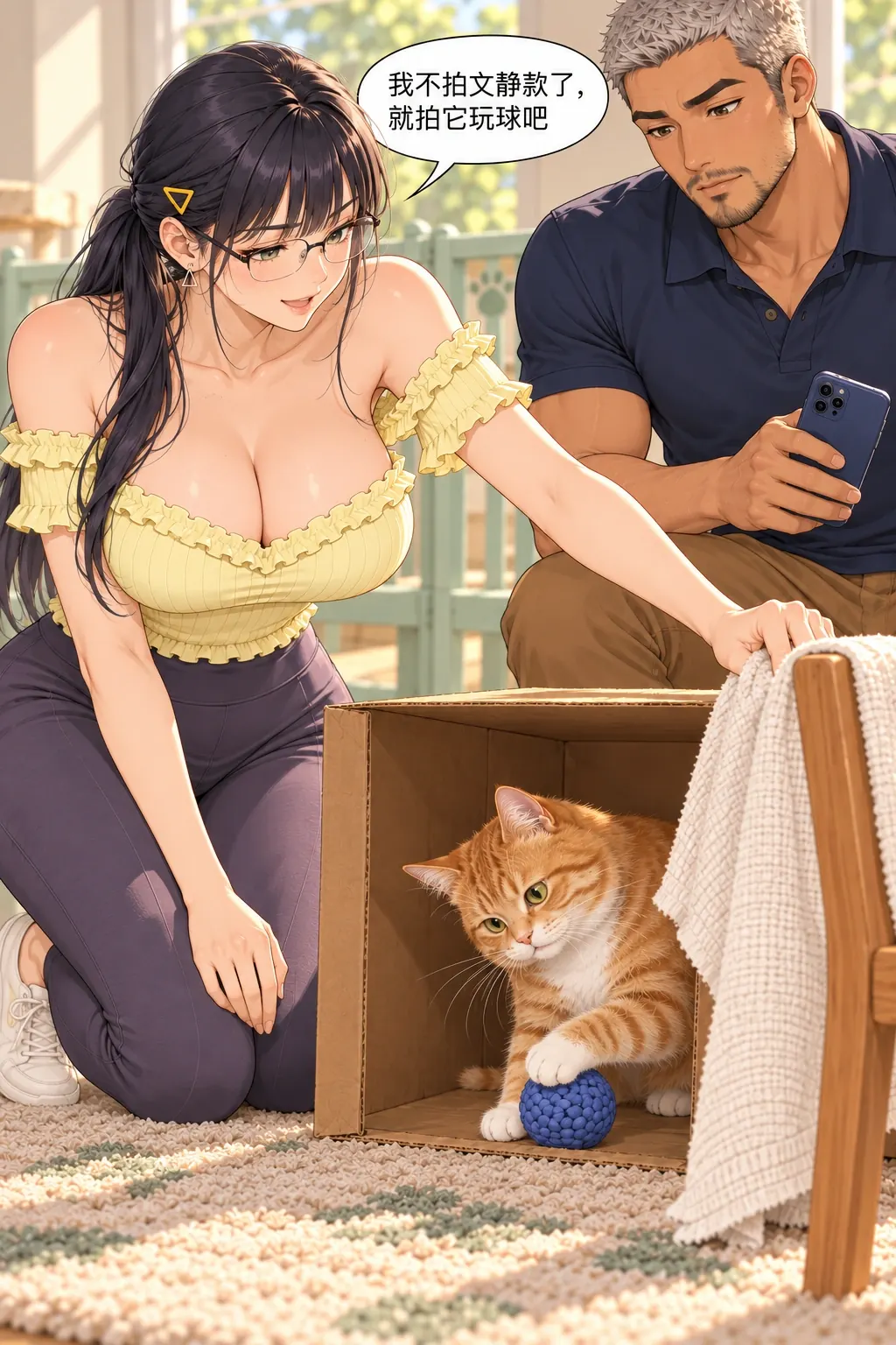 糕糕入镜难漫画画面：林主动放下文静款要求，解除自己与沈造成的遮挡，先允许本猫真实地玩。