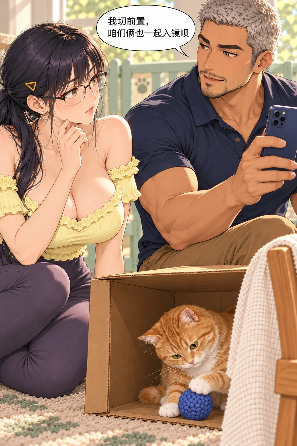 糕糕入镜难漫画画面：沈主动提出把自己和林也纳入画面，放弃纯猫无人标准，但须先得到她是否愿入镜的回答。