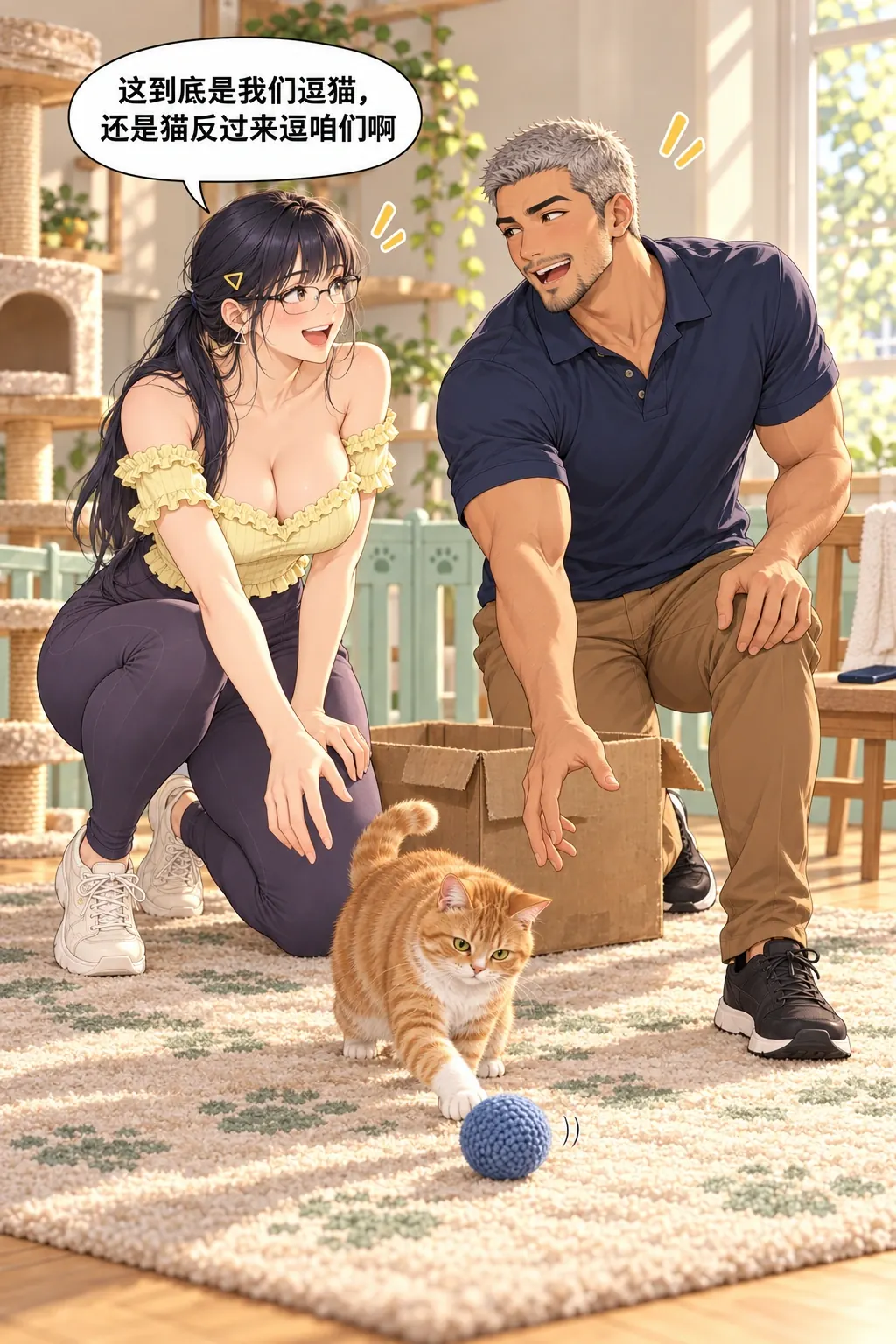 糕糕入镜难漫画画面：人本来想安排猫的反应，最后却一同随猫玩球的动作去捡，自嘲回扣球与谁在逗谁；任务之外留下可记住的反向行动。