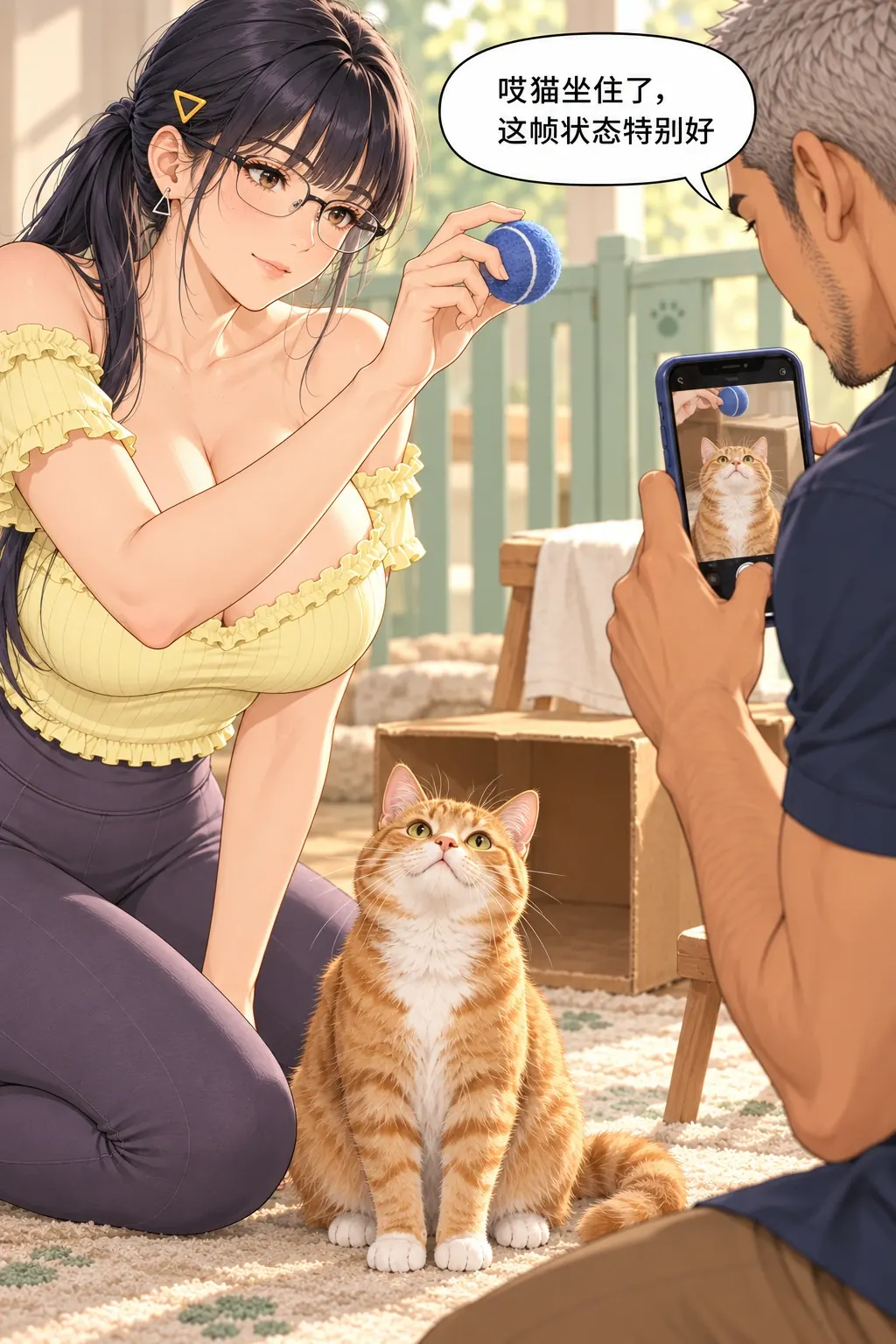 糕糕入镜难漫画画面：引球暂时成功使本猫坐住，双方误以为已得到想要的安静正脸。