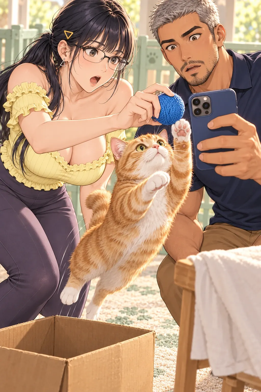 糕糕入镜难漫画画面：林把吸引目标移到镜头旁，猫追球使期待的正脸变成过近鼻子。
