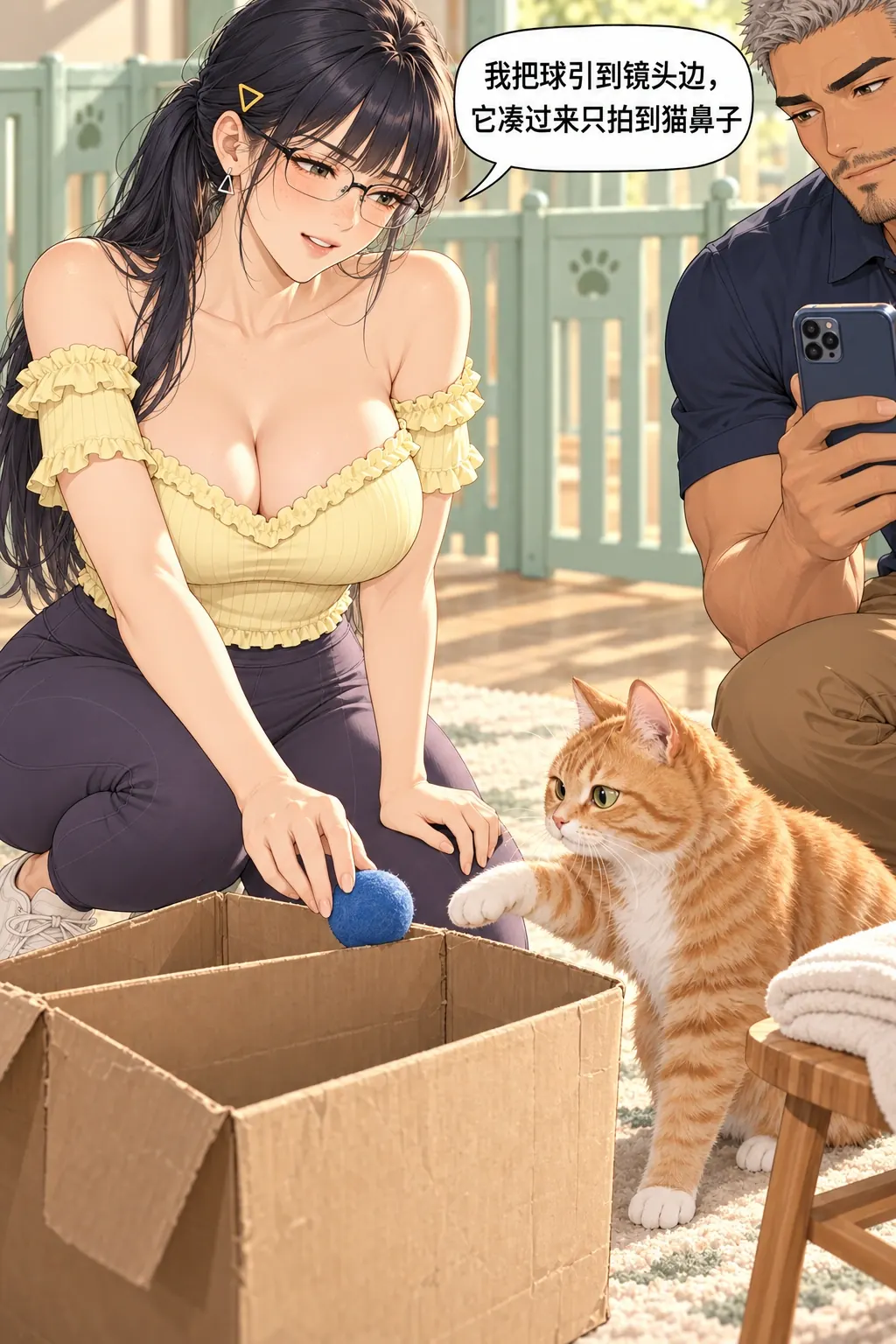 糕糕入镜难漫画画面：林先认自己的引球过近，将球回箱口让猫自己玩，这个选择埋下第二回猫钻布后的动因。