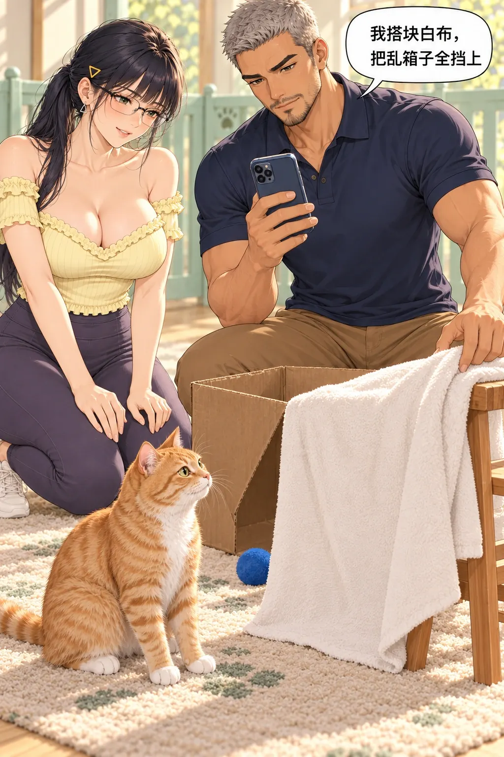 糕糕入镜难漫画画面：沈改用拉远与遮背景的办法解决过近/杂乱，暂时把猫与旧箱分离到画面不同层。