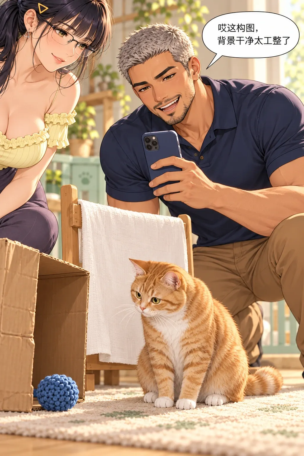 糕糕入镜难漫画画面：遮背景一瞬确实得到工整构图，但猫的注意力仍留在林先放回箱口的球。