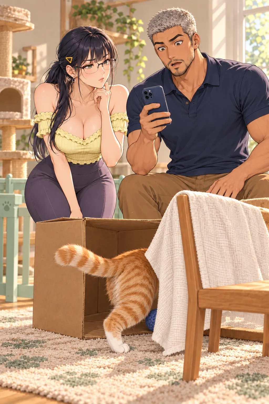 糕糕入镜难漫画画面：林回箱口的球把猫引离白背景正面，沈沿用原构图的快门已落下，第二个办法反而排除了要拍的主角。