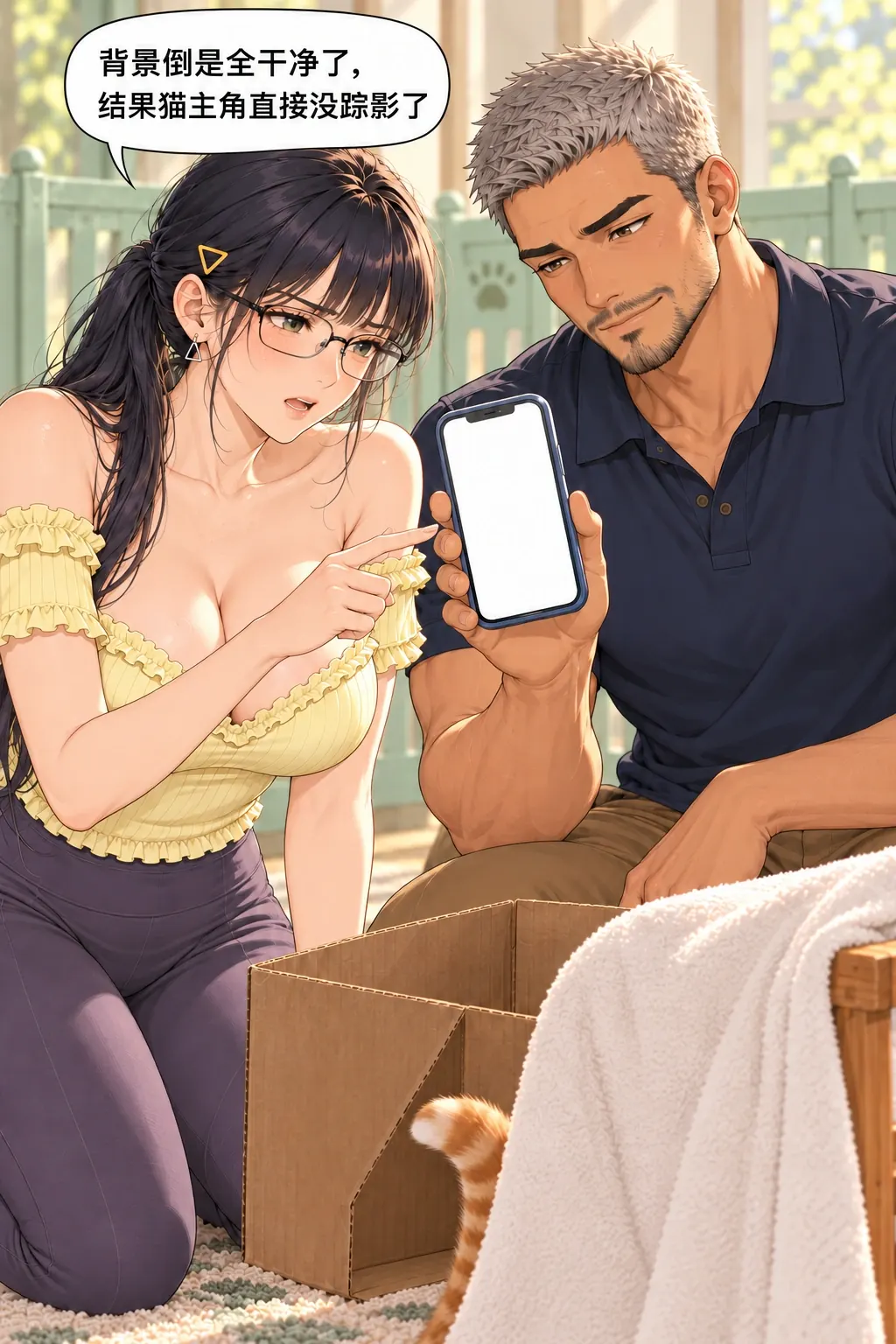 糕糕入镜难漫画画面：第二张真实结果只有白布，两个预设都失败；双方明知猫在哪，问题转为是否还要硬摆它。