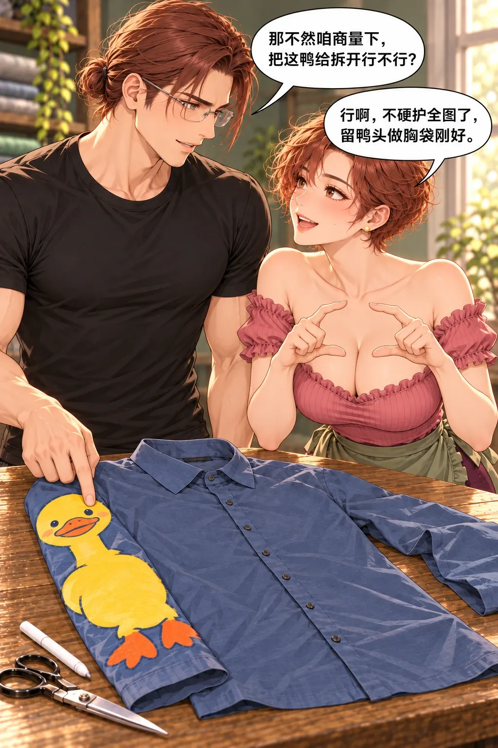 半只鸭的旧衬衫漫画画面：男先提出允许拆图，女主动放弃全图、选择只留头作普通袋，双方都明确同意。