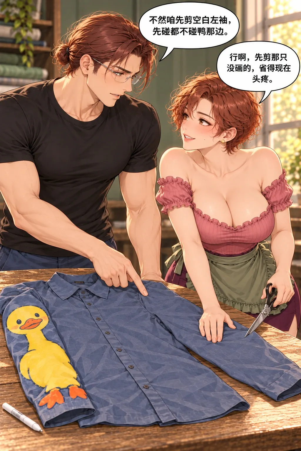半只鸭的旧衬衫漫画画面：双方主动用先改空白一边的办法绕开图案取舍，并非专业裁缝失误。