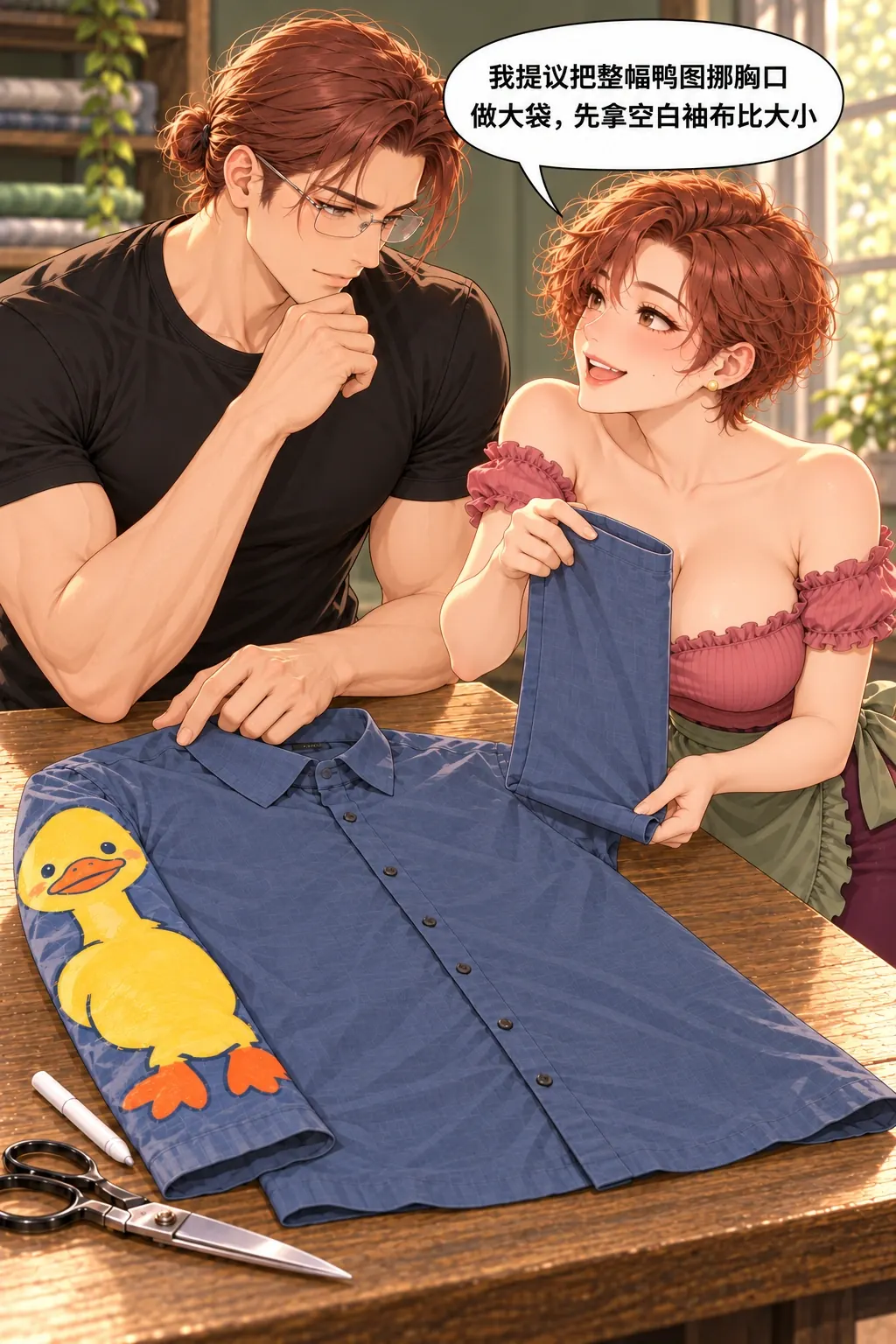 半只鸭的旧衬衫漫画画面：女自己提出绕开拆图的第二办法，先用已有空白余布比较而未切整鸭。