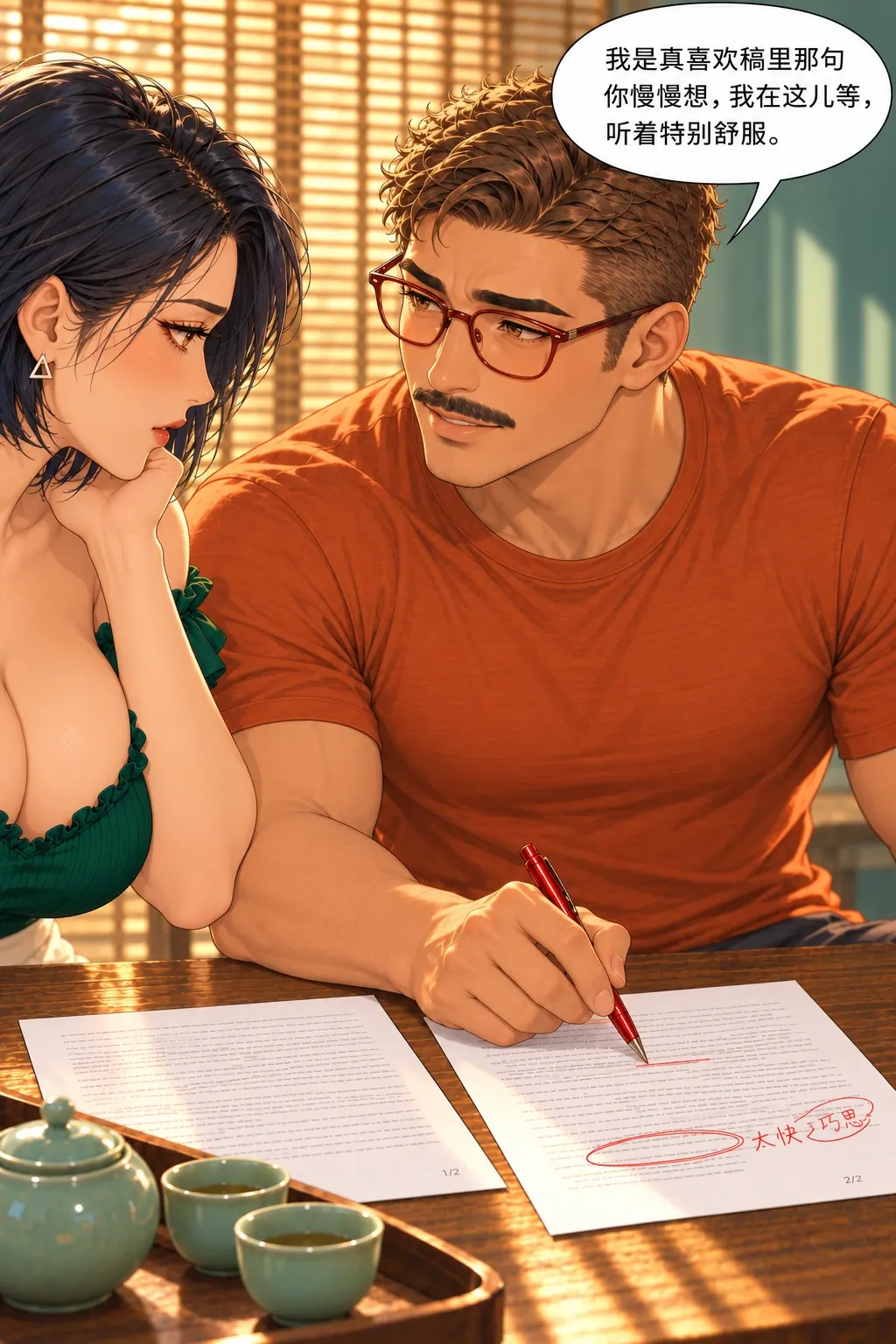 别急着改口漫画画面：茶馆临窗的苏幔与陆野：具体批评不撤回，同时指出一条自己实际喜欢的稿中对白，反馈不只哄或损。