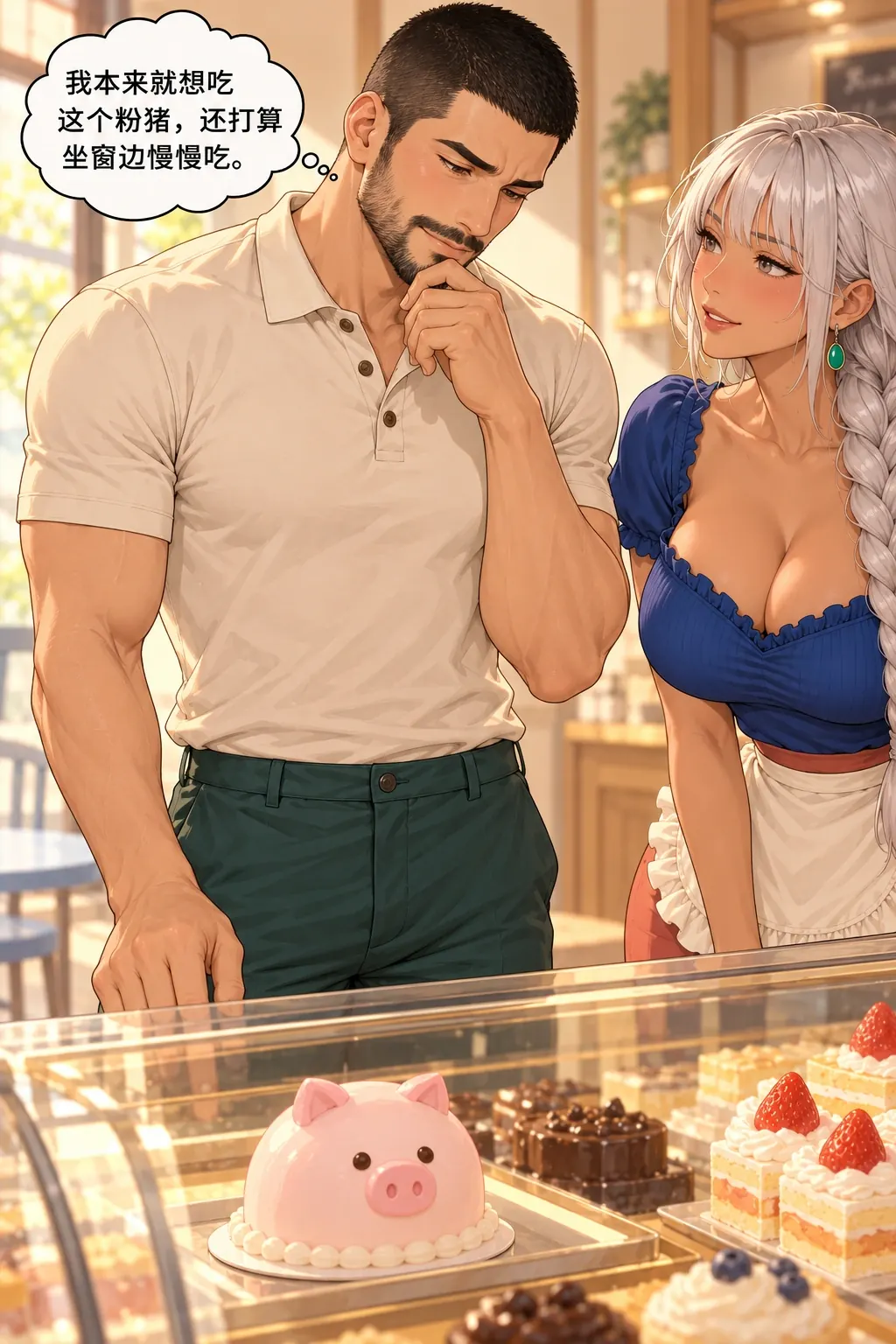 多余的大蝴蝶结漫画画面：烘焙坊的许泊与顾桃：许指粉猪款，内心先向读者明说是自己想在窗边吃；不是等到结尾才揭身份。