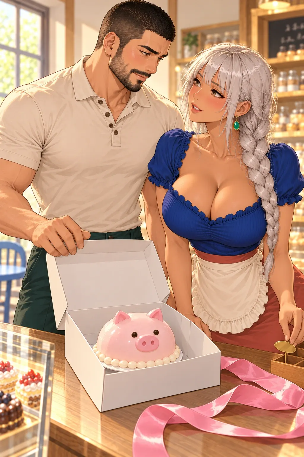 多余的大蝴蝶结漫画画面：烘焙坊的许泊与顾桃：许实际撤掉自己加的装饰并让粉猪再见光，不只口头承认；女收回未用牌。