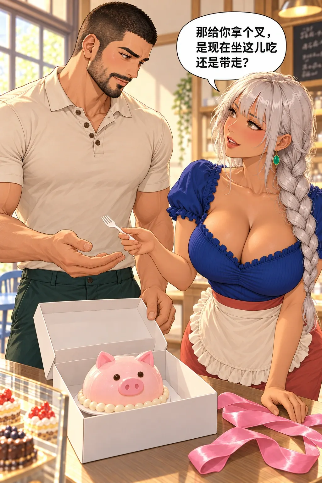 多余的大蝴蝶结漫画画面：烘焙坊的许泊与顾桃：女改问现在的实际吃法，不再猜收礼人；一把叉使他有可能实现原愿望。