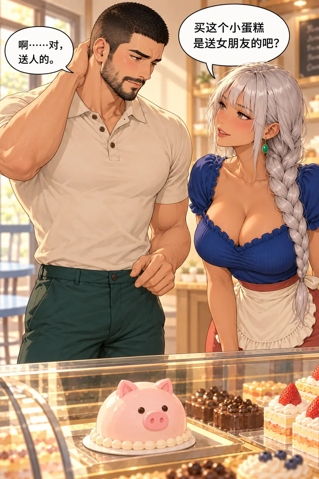多余的大蝴蝶结漫画画面：烘焙坊的许泊与顾桃：女先猜送女友，许主动顺势借送人遮自己的偏好，已知信息改变。