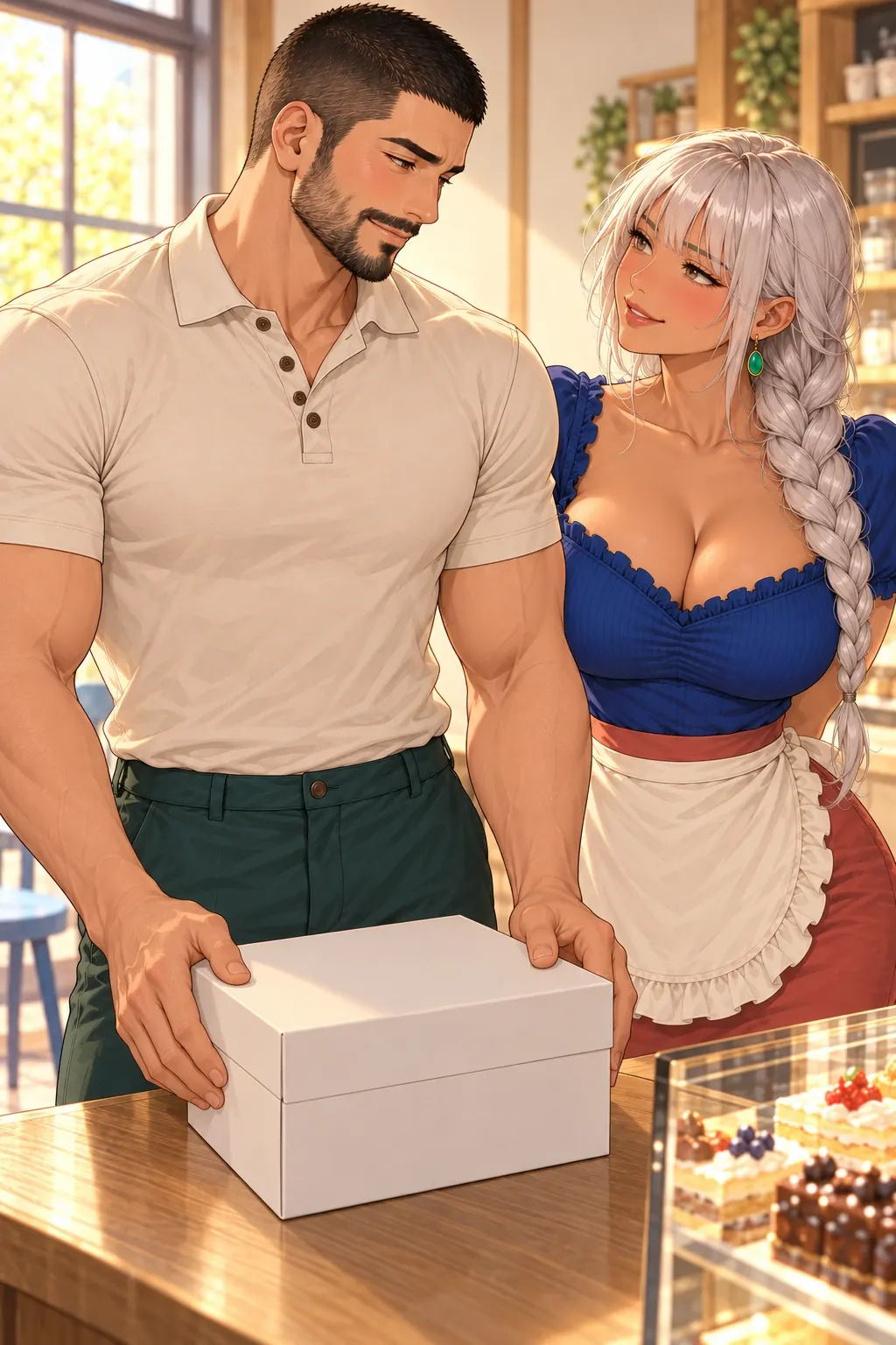 多余的大蝴蝶结漫画画面：烘焙坊的许泊与顾桃：白盒暂时藏住喜欢的粉猪，许以为低调成功，为后面显眼反噬作对照。