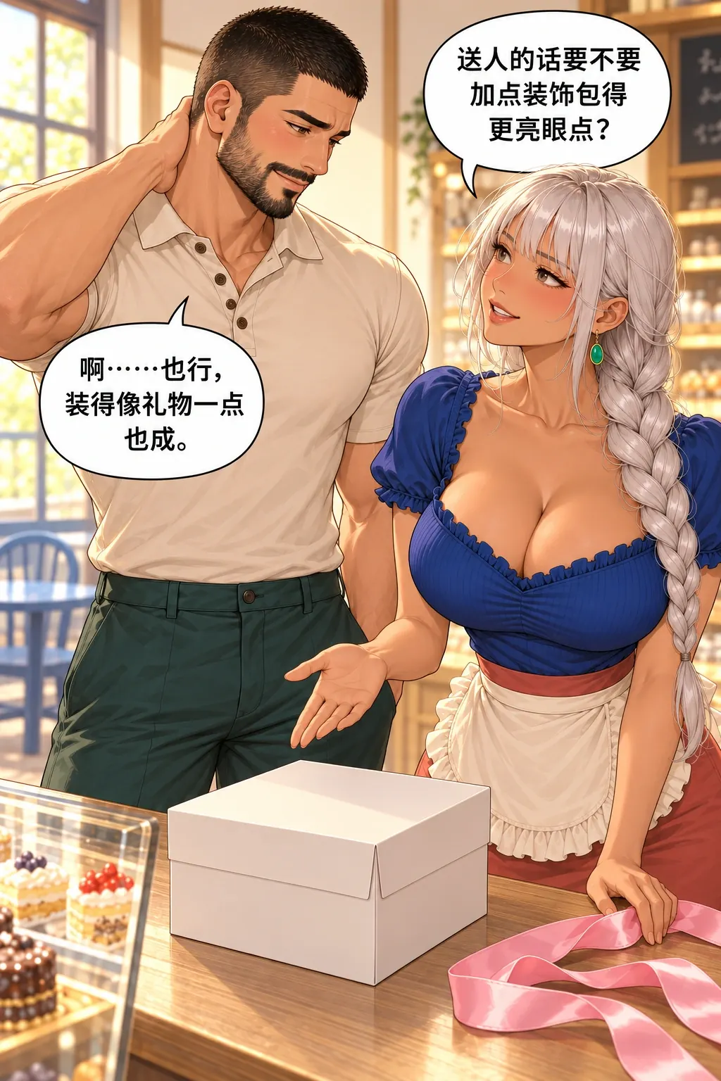 多余的大蝴蝶结漫画画面：烘焙坊的许泊与顾桃：为圆送人的说法，许自己同意加装饰，店主不强制流程。